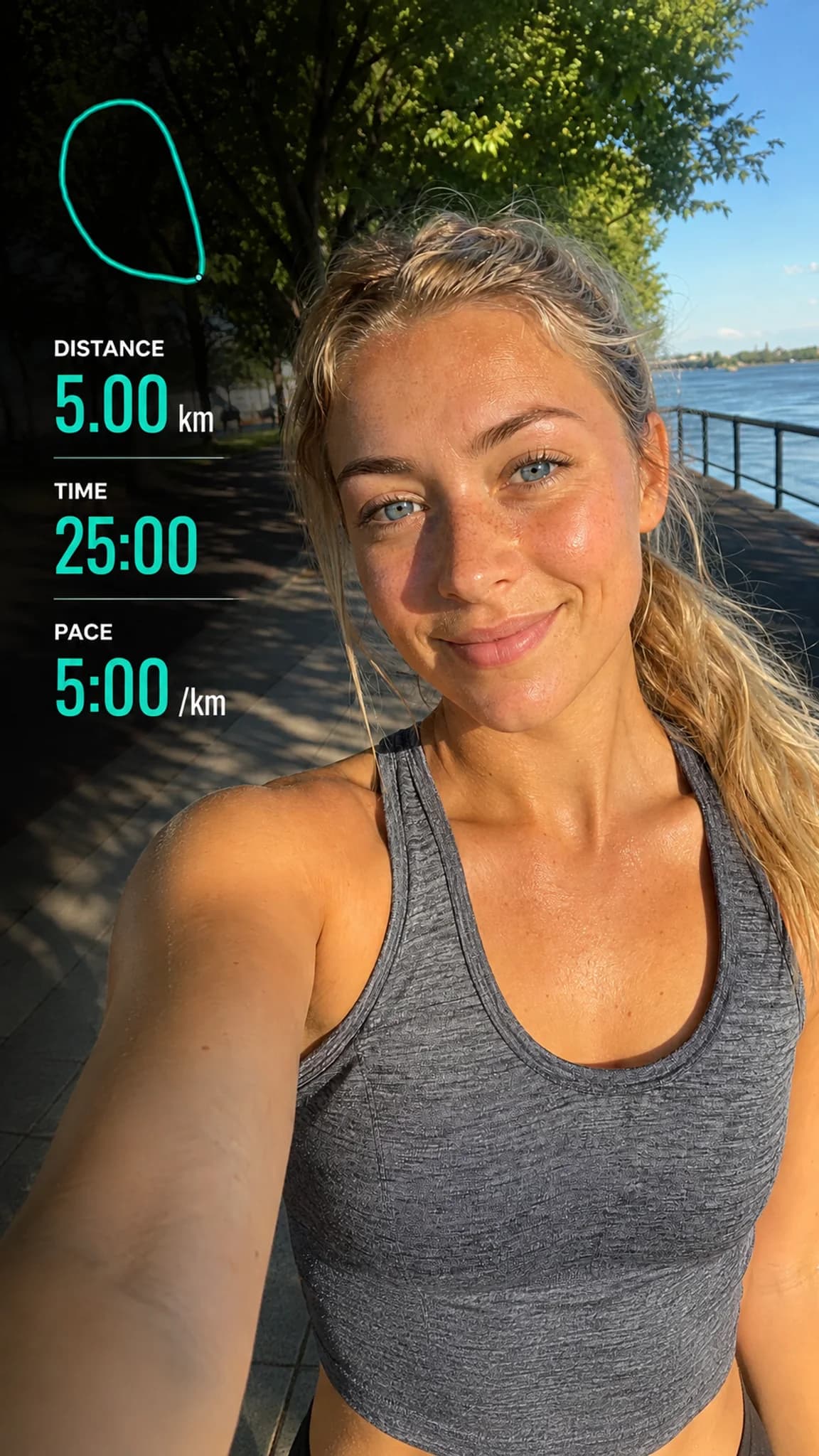 A runner's selfie by the river with DropPace stats on it: 5.00 km, 25:00, 5:00 per km, and the route traced in teal.